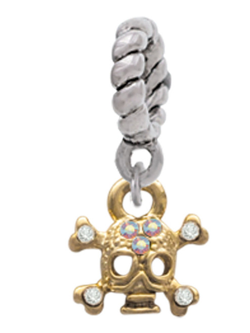 Mini Gold Tone Skull & Bones with Crystals Rope Charm Bead Dangle