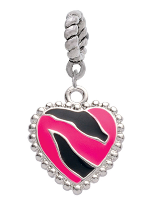 Hot Pink Zebra Print Heart Rope Charm Bead Dangle
