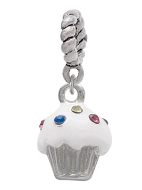 Small White Cupcake with Crystal Sprinkles Rope Charm Bead Dangle