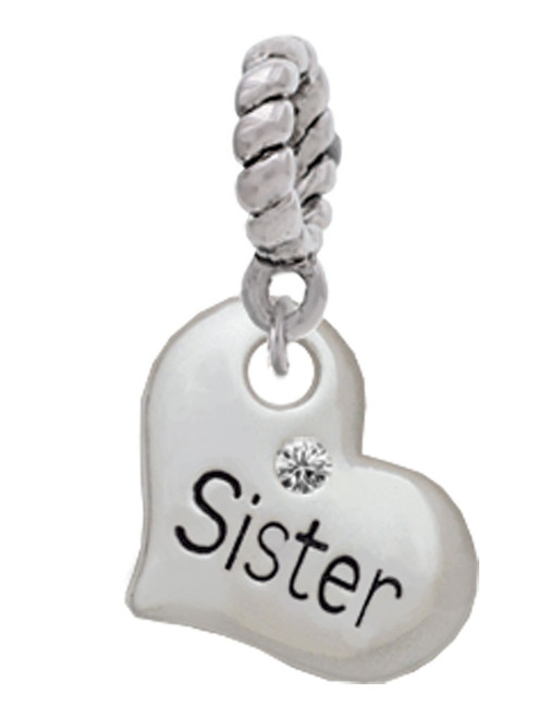 Small ''Sister'' Heart with Clear Crystal Rope Charm Bead Dangle