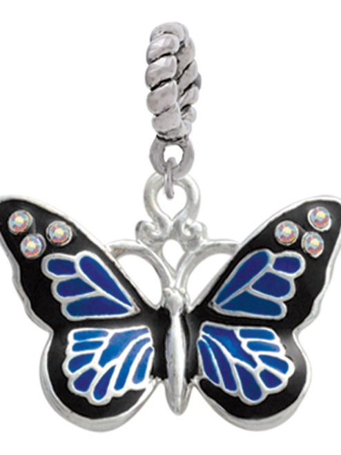 Large Blue Butterfly with 6 AB Crystals Rope Charm Bead Dangle