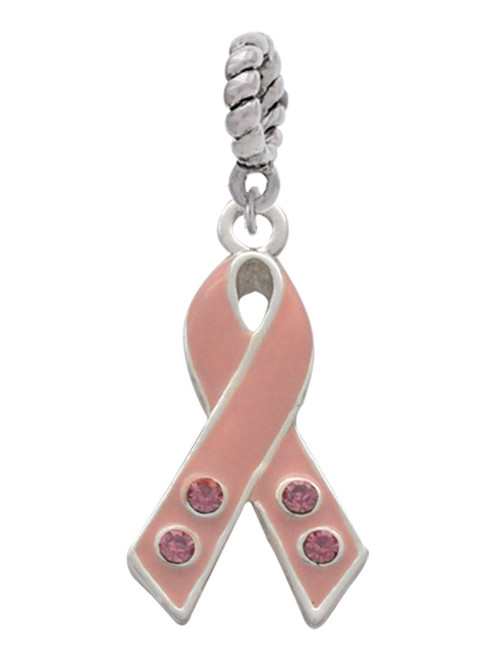 Large Pink Ribbon with Crystals Rope Charm Bead Dangle