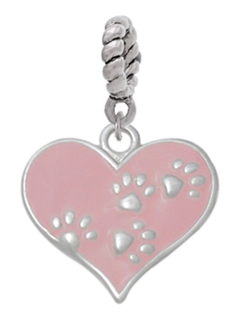 Pink Enamel Heart with Paw Prints Rope Charm Bead Dangle