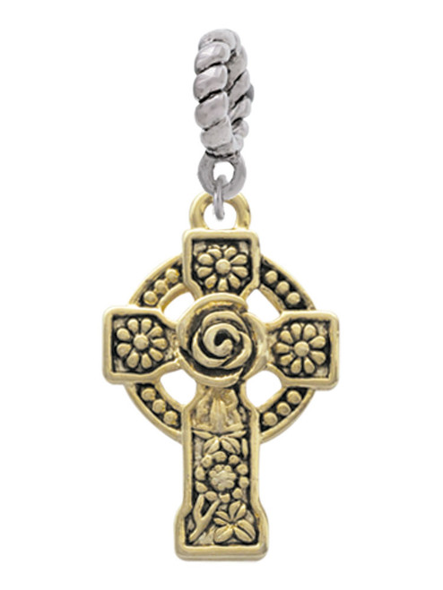 Large Gold Tone Celtic Cross Rope Charm Bead Dangle