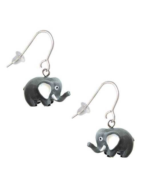 3 Merry Monkeys Resin Grey Elephant - French Earrings