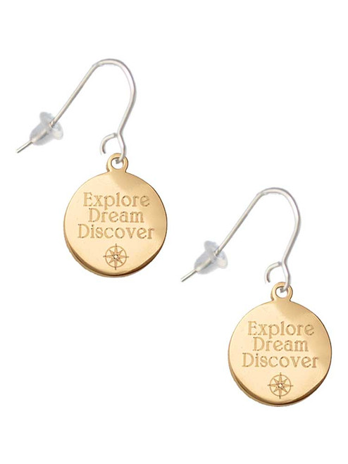 3 Merry Monkeys Goldtone Engraved Explore Dream Discover Disc - French Earrings