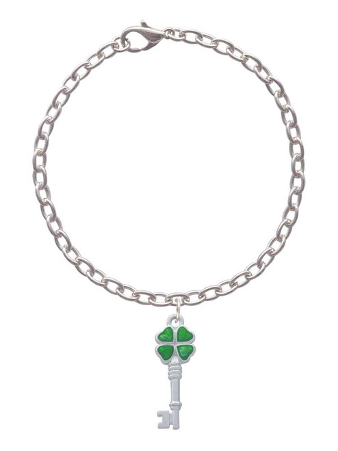 3 Merry Monkeys Silvertone Translucent Green Lucky Four Leaf Clover Key - Charm Bracelet