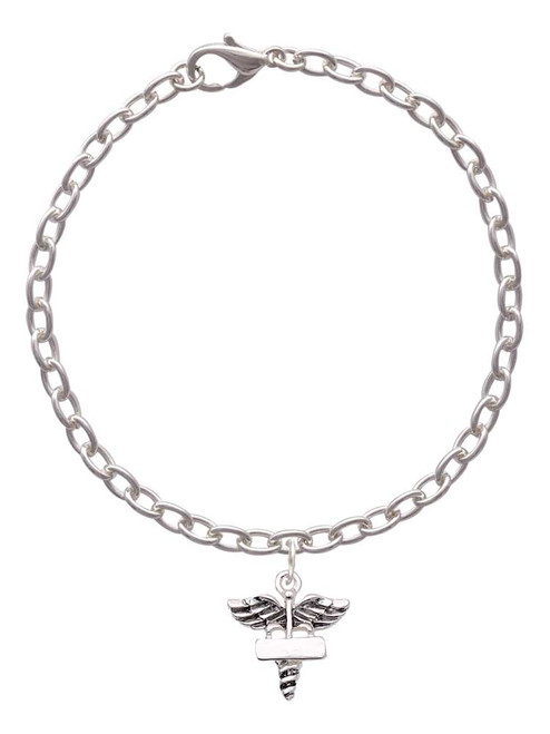 3 Merry Monkeys Silvertone Engravable Caduceus - Charm Bracelet