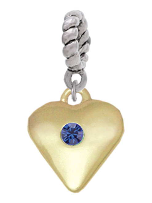 Large September - Blue Crystal Gold Tone Heart Rope Charm Bead Dangle