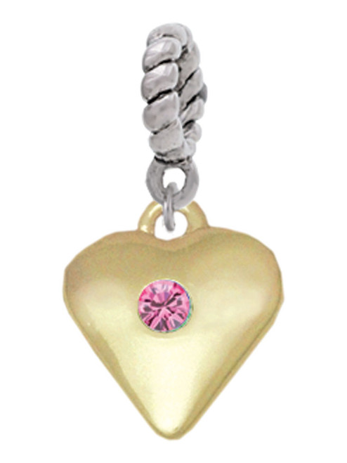 Large October - Hot Pink Crystal Gold Tone Heart Rope Charm Bead Dangle