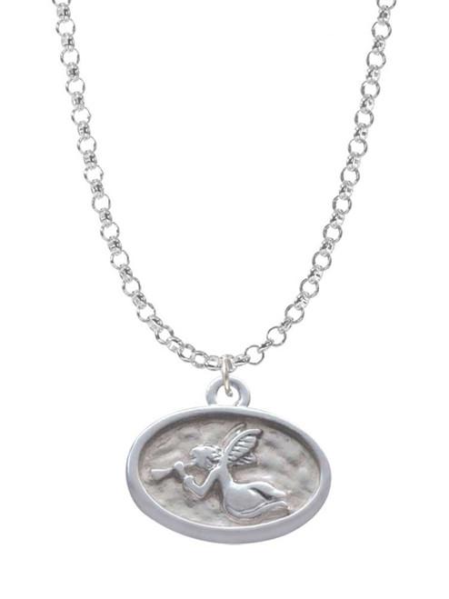 3 Merry Monkeys Silvertone Trumpeter Angel - Oval Seal - Charm Necklace