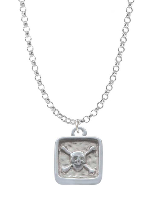 3 Merry Monkeys Silvertone Skull and Bones - Square Seal - Charm Necklace