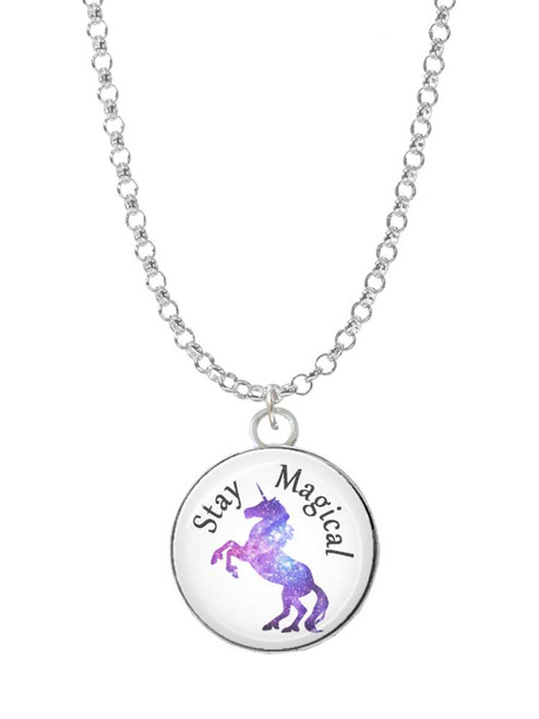 3 Merry Monkeys Silvertone Domed Stay Magical Unicorn - Charm Necklace
