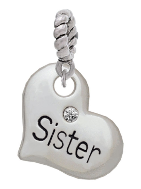 Large ''Sister'' Heart with Clear Crystal Rope Charm Bead Dangle