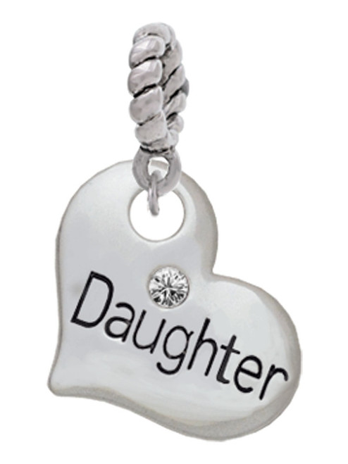 Large ''Daughter'' Heart with Clear Crystal Rope Charm Bead Dangle