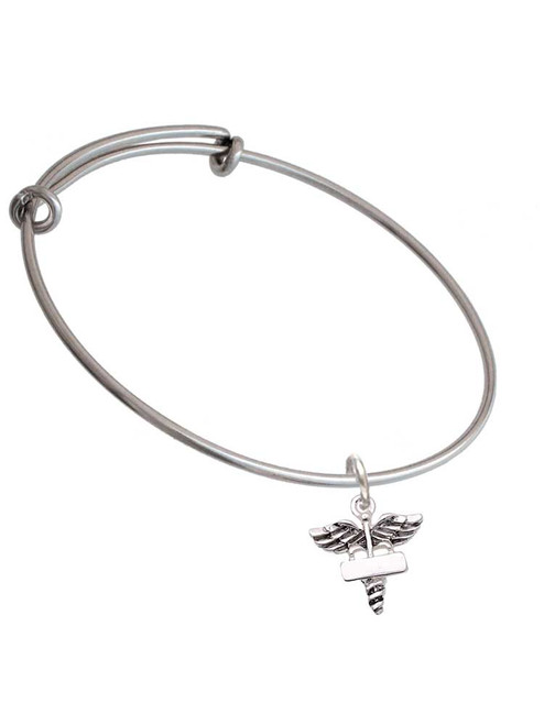 3 Merry Monkeys Silvertone Engravable Caduceus - Charm Bangle Bracelet