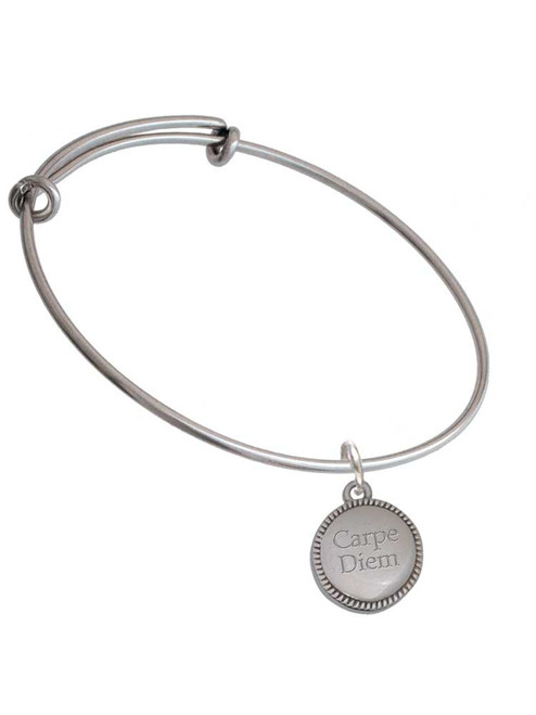 3 Merry Monkeys Stainless Steel Carpe Diem - Seize the Day Disc with Border - Charm Bangle Bracelet