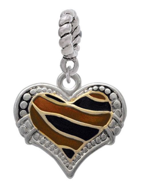 Two Tone Enamel Tiger Print Heart Rope Charm Bead Dangle