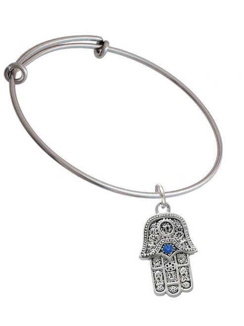 3 Merry Monkeys Silvertone Hamsa Hand with Blue Crystal - Charm Bangle Bracelet