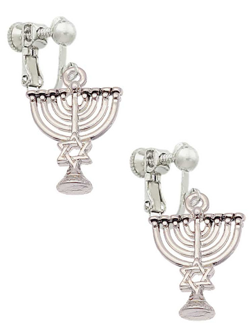 3 Merry Monkeys Silvertone 3-D Menorah - Clip On Earrings