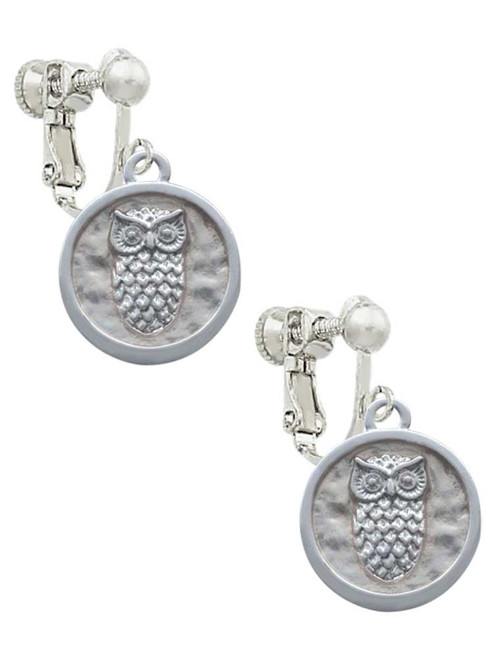 3 Merry Monkeys Silvertone Owl - Round Seal - Clip On Earrings