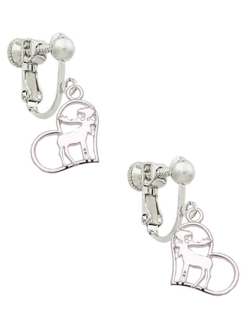 3 Merry Monkeys Silvertone Moose in Heart - Clip On Earrings
