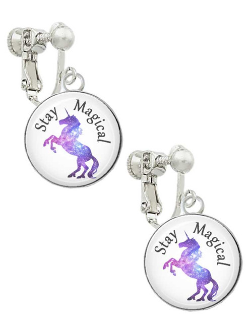 3 Merry Monkeys Silvertone Domed Stay Magical Unicorn - Clip On Earrings
