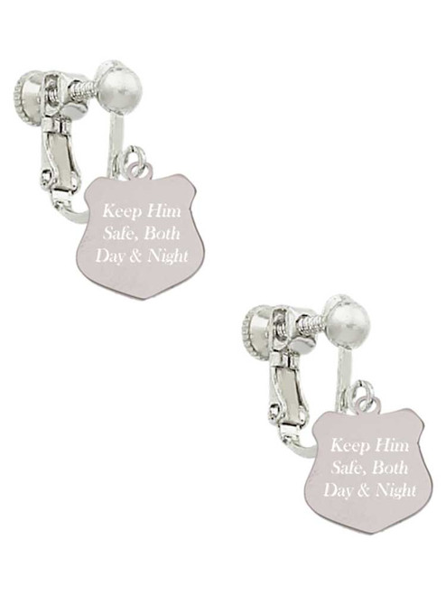 3 Merry Monkeys Stainless Steel Keep Him Safe Police Badge - Clip On Earrings