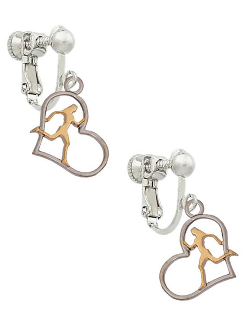 3 Merry Monkeys Silvertone Runner Silhouette in Heart - Clip On Earrings