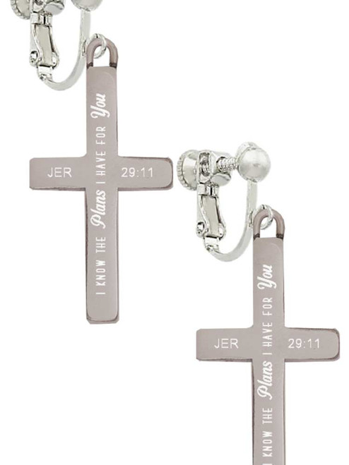 3 Merry Monkeys Stainless Steel Jeremiah 29:11 - I Have Plans for You Engraved Cross - Clip On Earrings