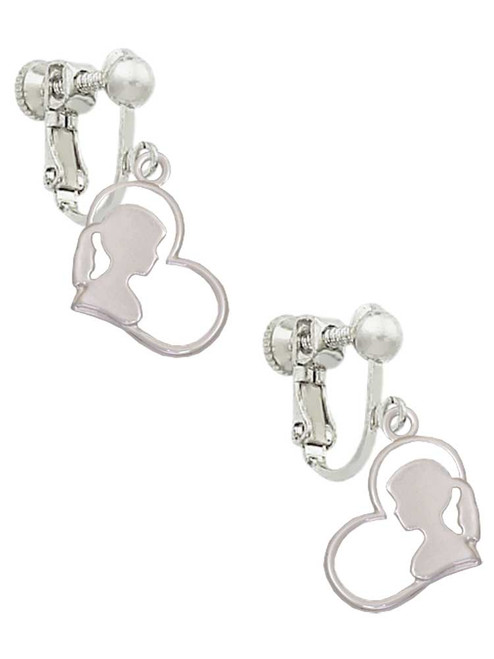 3 Merry Monkeys Silvertone Girl Silhouette in Heart - Clip On Earrings