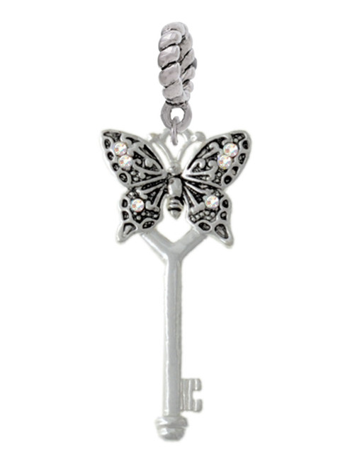 3 Merry Monkeys Silvertone Antiqued Butterfly Key with AB Crystals - Rope Charm Bead Dangle