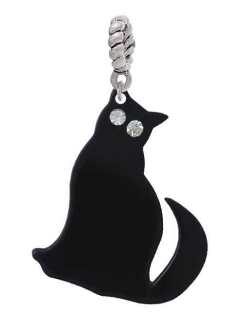 3 Merry Monkeys Acrylic Sitting Black Cat with Crystal Eyes - Rope Charm Bead Dangle
