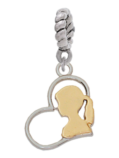 3 Merry Monkeys Two-tone Girl Silhouette in Heart - Rope Charm Bead Dangle