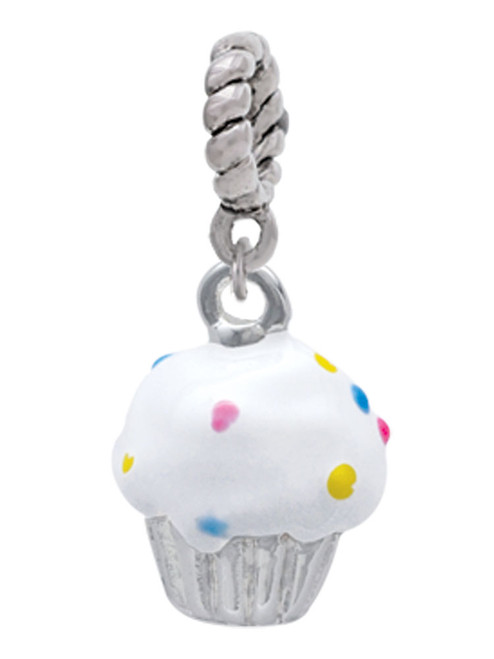 3-D White Cupcake with Sprinkles Rope Charm Bead Dangle