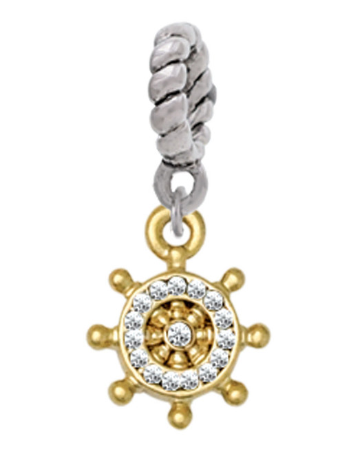 Gold Tone Mini Crystal Ship Wheel Rope Charm Bead Dangle