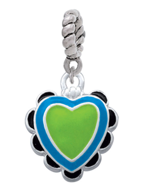 Lime Green & Hot Blue Heart with Black Ruffles Rope Charm Bead Dangle