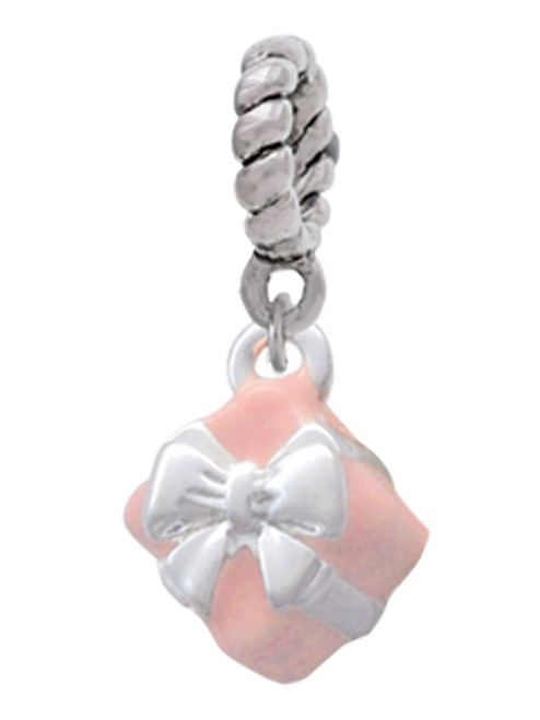 Small 3-D Pink Present Box with Bow Rope Charm Bead Dangle