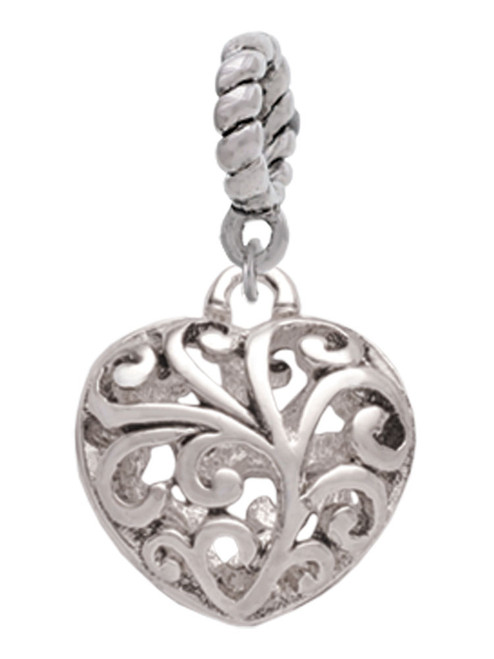 Medium Open Filigree Heart Rope Charm Bead Dangle