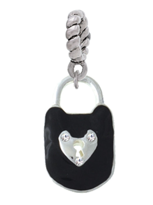 Black Enamel Lock with Clear Crystals Rope Charm Bead Dangle