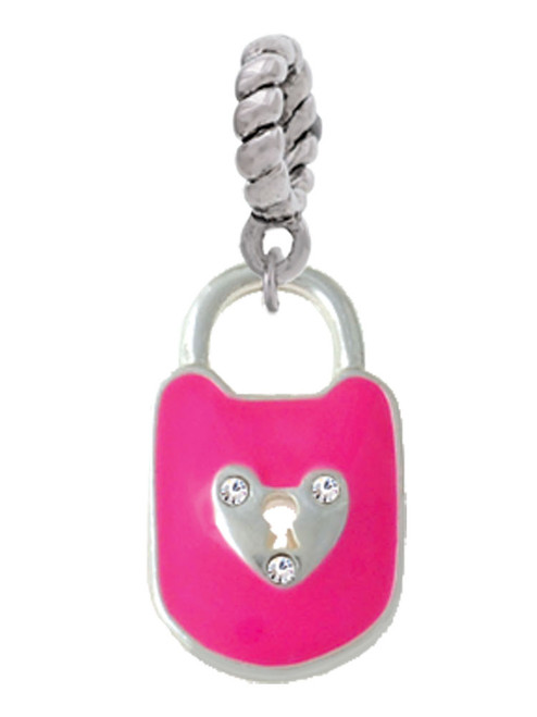Hot Pink Enamel Lock with Clear Crystals Rope Charm Bead Dangle