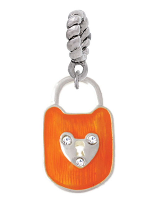 Hot Orange Enamel Lock with Clear Crystals Rope Charm Bead Dangle