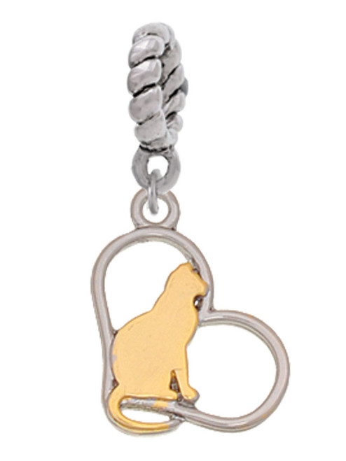 Two Tone Cat Silhouette Heart Rope Charm Bead Dangle
