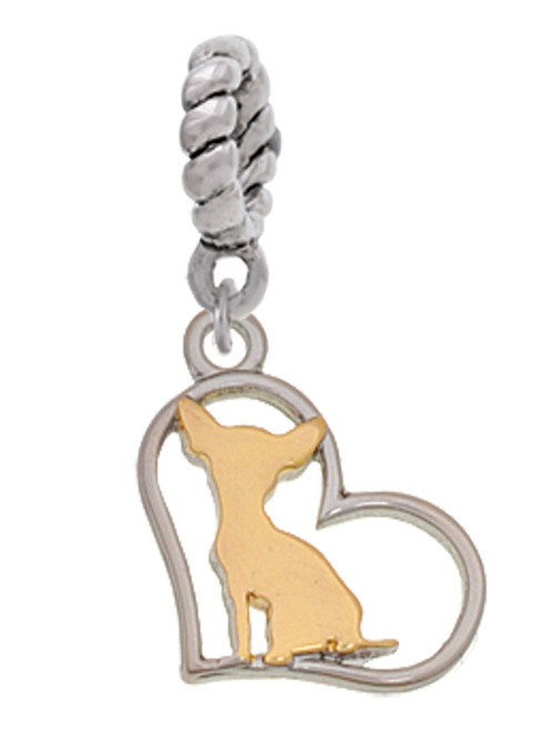 Two Tone Chihuahua Silhouette Heart Rope Charm Bead Dangle