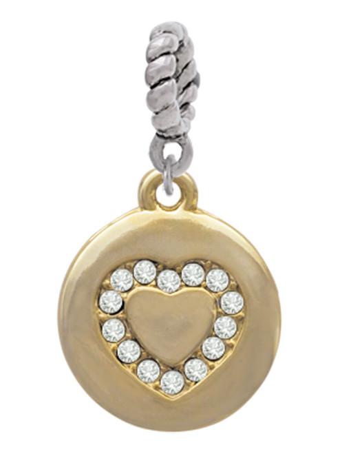 Gold Tone Disc with Crystal Heart Rope Charm Bead Dangle