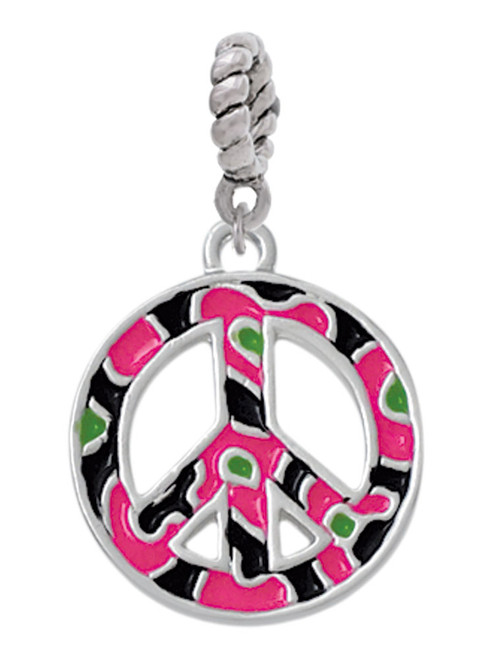 Large Hot Pink Cheetah Print Peace Sign Rope Charm Bead Dangle