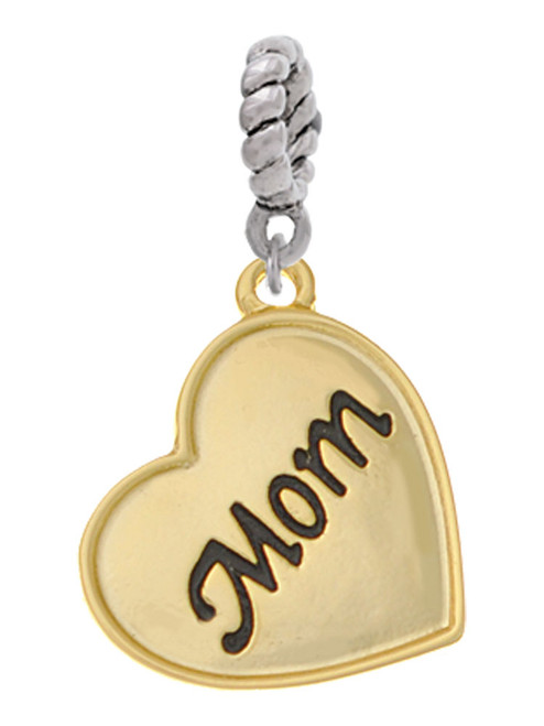 Gold Tone Script Mom Heart Rope Charm Bead Dangle