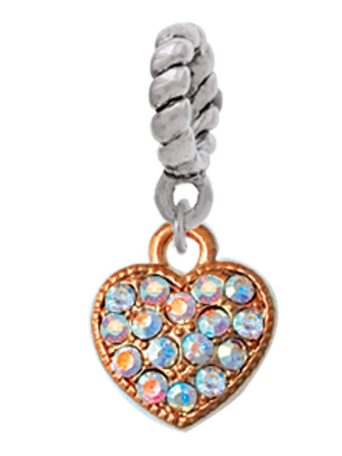Small Rose Gold Tone Heart with Clear AB Crystals Rope Charm Bead Dangle