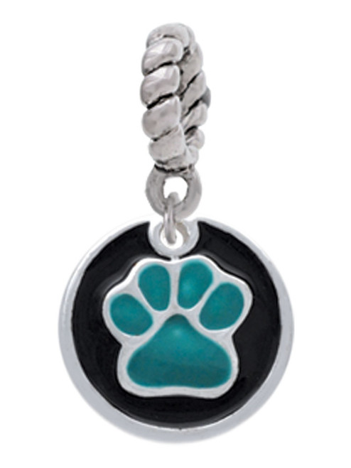 Teal Paw on Black Disc Rope Charm Bead Dangle