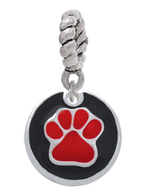 Red Paw on Black Disc Rope Charm Bead Dangle